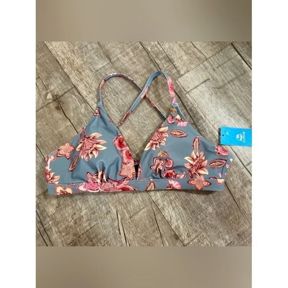 NWT Cupshe Floral Bikini Top –‎ Medium Tropical Deep V Cross Back Swimwear